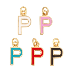 Macro detail of alphabet letter P pendants in five enamel colors with gold trim