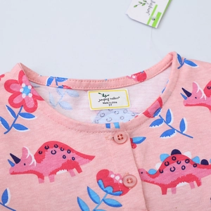 Girls pink long-sleeve round neck dress with colorful dinosaur and flower prints