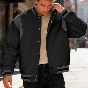 Men's heavy high street baseball jacket with gray patchwork and snap buttons in black