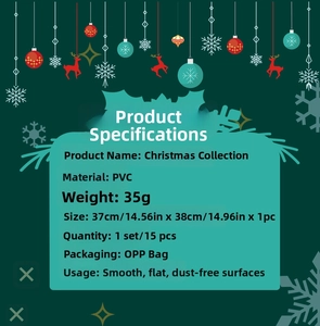 Detail chart of 15pcs PVC Christmas stickers showing 37x38cm size and Opp bag packaging