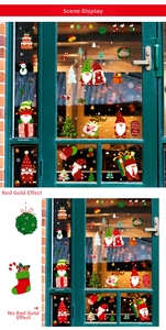 Detail view of Santa Claus window stickers showing glitter vs non-glitter finish options