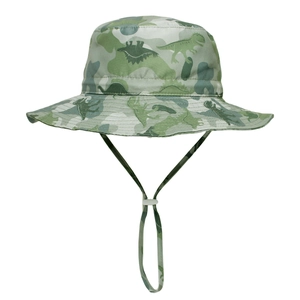 Detail of green dinosaur camo kids sun hat with adjustable drawstring and wide brim