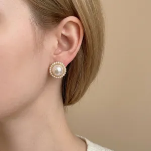 Elegant French style gold floral earrings with large white pearl and micro-pearl inlay