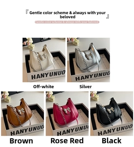 Five elegant leather shoulder bags with metal bow details in white silver brown pink and black