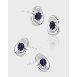 Minimalist S925 sterling silver oval stud earrings with blue lapis lazuli insets