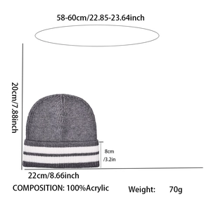 Detailed size chart of grey striped knit beanie showing dimensions and 100% acrylic material