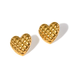 Elegant 18k gold plated stainless steel heart stud earrings with quilted pattern texture