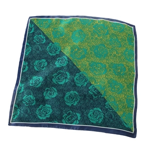 Silk-like satin square scarf featuring diagonal bicolor rose patterns in blue and green