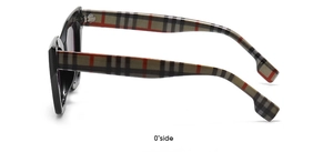 Detail view of small frame cat-eye sunglasses with iconic plaid pattern on temples
