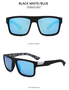 Detailed view of polarized sunglasses with blue lenses and zebra print inner temples