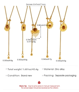 Detailed size chart for five gold Y-shaped necklaces with tiger eye stone pendants