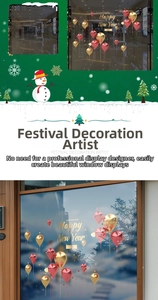 Detailed view of Happy New Year 2025 red and gold balloon static window stickers applied on glass