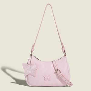 Women PU Leather Underarm Bag With Butterfly Decoration Sweet Fashion Embossed Bow Shoulder Bag Adjustable Strap