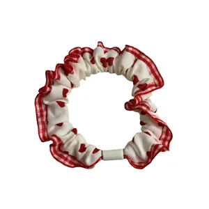 Red heart pattern hair scrunchie with gingham ruffle edges for sweet girls