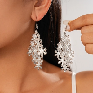 Snowflake Hollow Drop Earrings Alloy Rhinestone Long Dangle Winter Christmas Holiday Party Jewelry For Women Silver
