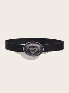 Detail of black punk leather belt featuring western buckle with Cowgirl Up pink text