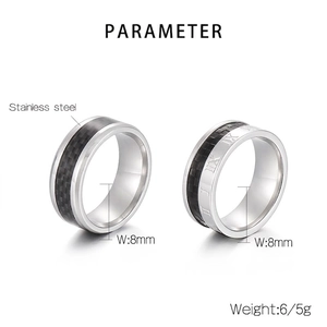 8mm titanium steel rings for men with black carbon fiber and Roman numeral engravings