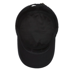 Classic black cotton flat top cadet cap with adjustable metal buckle and inner lining