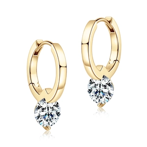 Elegant gold hoop earrings featuring large round brilliant moissanite stones on white background