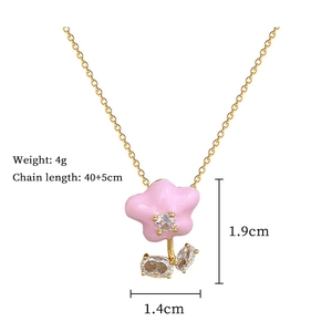 Detail view of pink enamel flower necklace with dimensions and weight 4g measurement