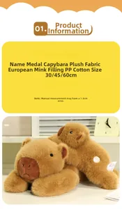Detail of soft capybara plush toy featuring velvet fabric and a decorative medal