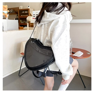 Back view of a heart-shaped ita bag with a clear window in black faux leather