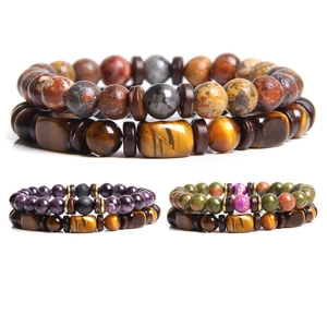 Men's natural tiger eye and stone bead bracelet set with stackable square wooden accents