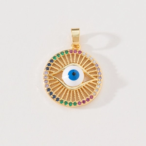 Golden evil eye pendant necklace with rainbow zircon inlay and enamel center details