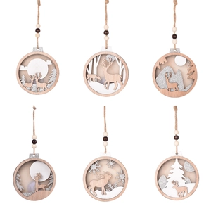 Set of 6 glowing wooden Christmas reindeer ornaments with glitter snowflake details