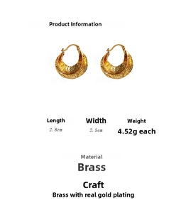 Detail view of 4.52g gold plated brass earrings with hammered texture and size specs