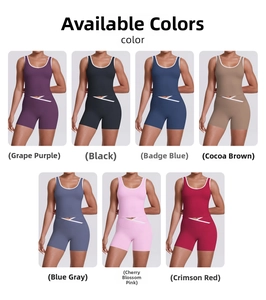 Two-piece brushed yoga set in seven colors including purple, black, blue, and pink