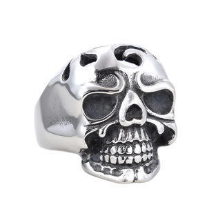 Vintage punk style stainless steel skull ring with realistic distressed silver finish