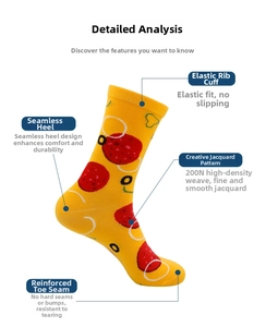 Detail of yellow pizza cotton socks with 200N high-density weave and seamless heel