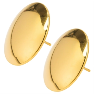 Macro shot of oval gold-plated stainless steel earrings with a mirror polished finish
