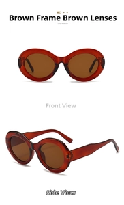 Vorder- und Seitenansicht der Retro-Oval-Sonnenbrille mit Bernsteinrahmen und Gläsern