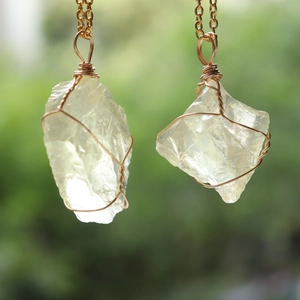 Natural citrine crystal raw stone wire wrapped pendant necklace with golden chain