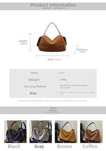 Detailed size chart and specifications for the large capacity suede tote bag