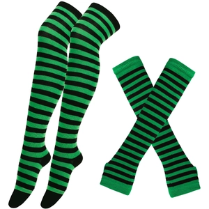 Detail view of green and black striped knit over-knee socks and matching arm warmers set
