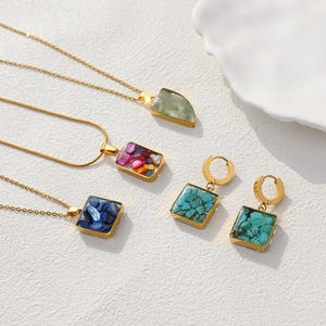 Stainless Steel Natural Stone Necklace For Women Gold Geometric Shield Square Pendant Elegant Fashion Jewelry Necklace Earring
