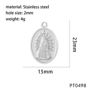 Detailed size specifications for a stainless steel religious oval pendant 23x15mm