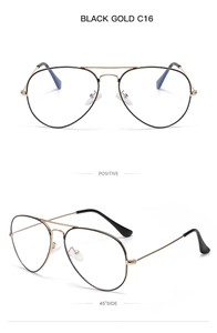 Front and 45-degree side view of black and gold pilot eyeglasses frame C16