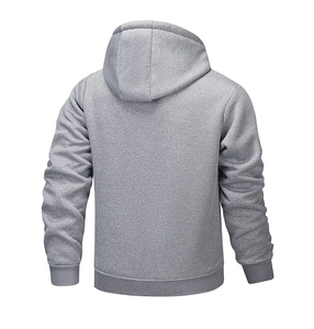 Back view of gray hooded sweatshirt with ribbed cuffs and knitted fabric texture