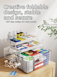 Three-tier folding medicine storage box with transparent lids and tiered compartments