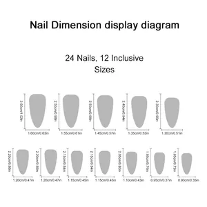 Glossy almond burgundy press-on nails set of 24 with detailed size chart dimensions