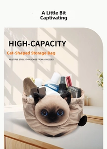 Detail of cute cat drawstring bag with makeup brushes showing large capacity storage