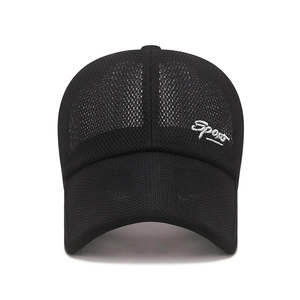 Black breathable mesh sports baseball cap with white Sport embroidery for outdoor sun protection
