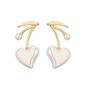 Detailed close-up of cherry heart-shaped pearl earrings with elegant golden leaf stems