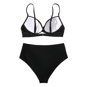 Rear view of black high waisted bikini set showing adjustable straps and metal buckle closure