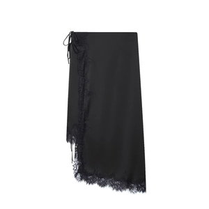 Black Satin Midi Skirt With Lace Trim Wrap Asymmetric Side Tie High Waist Solid Color Elegant Streetwear For Women