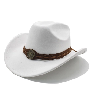 Detail of white felt cowboy hat featuring brown leather woven band and metal star badge